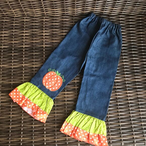 Girls Hand Made Jeans Size 3 4 Pumpkin Ruffle Blue Orange Green Handmade - Picture 6 of 6